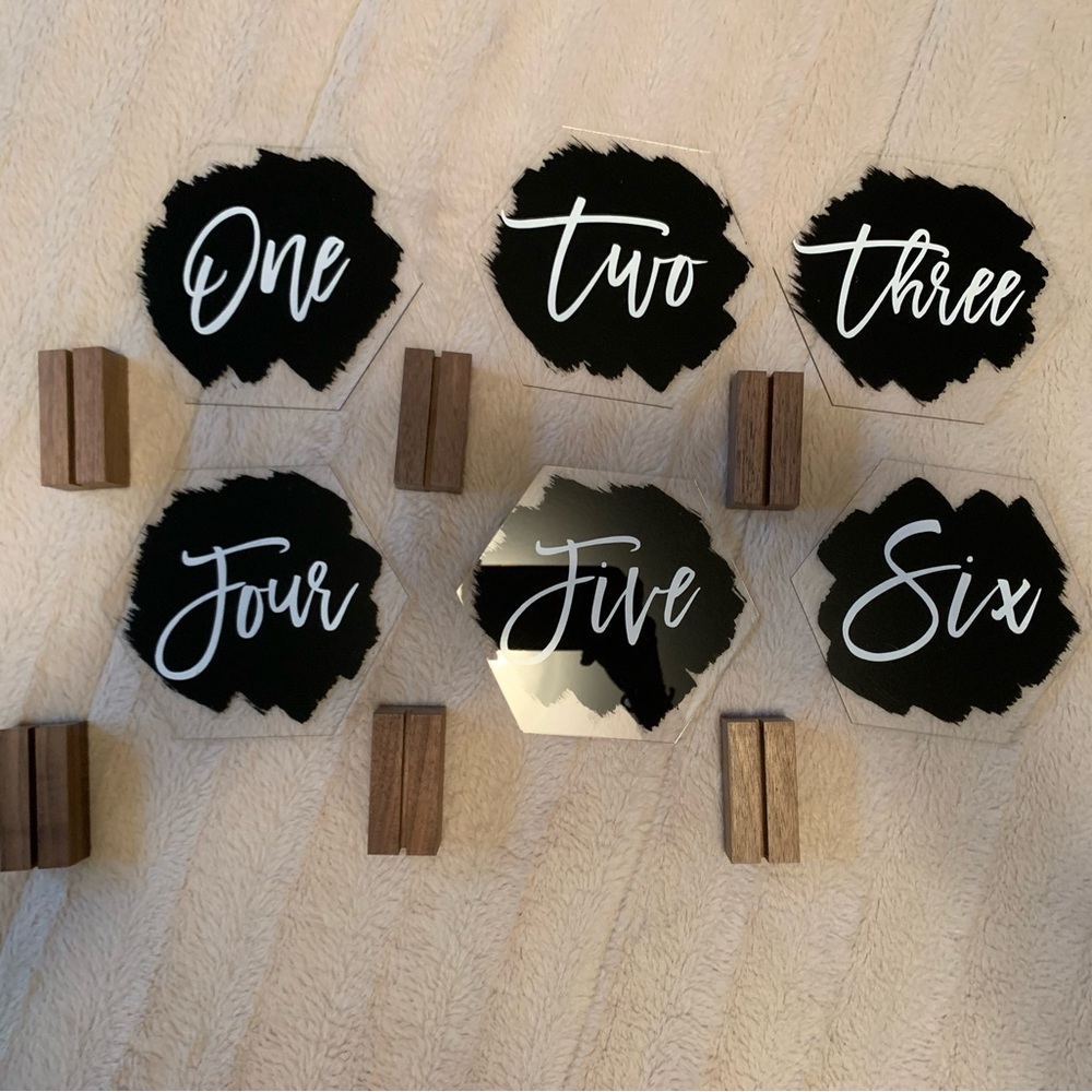 Wedding Acrylic Table Numbers Signs Set of 6 with wooden stands